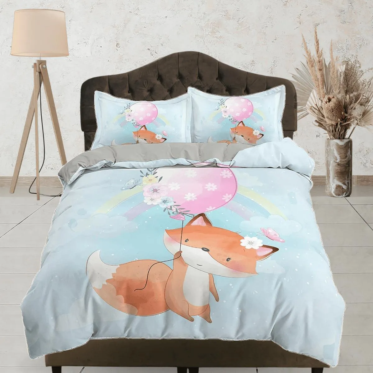 Cute Fox Holding a Pink Balloon Bedding, Duvet Cover Set, Zipper Bedding, Dorm Bedding, Teens Adult Duvet King Queen Full Twin Single