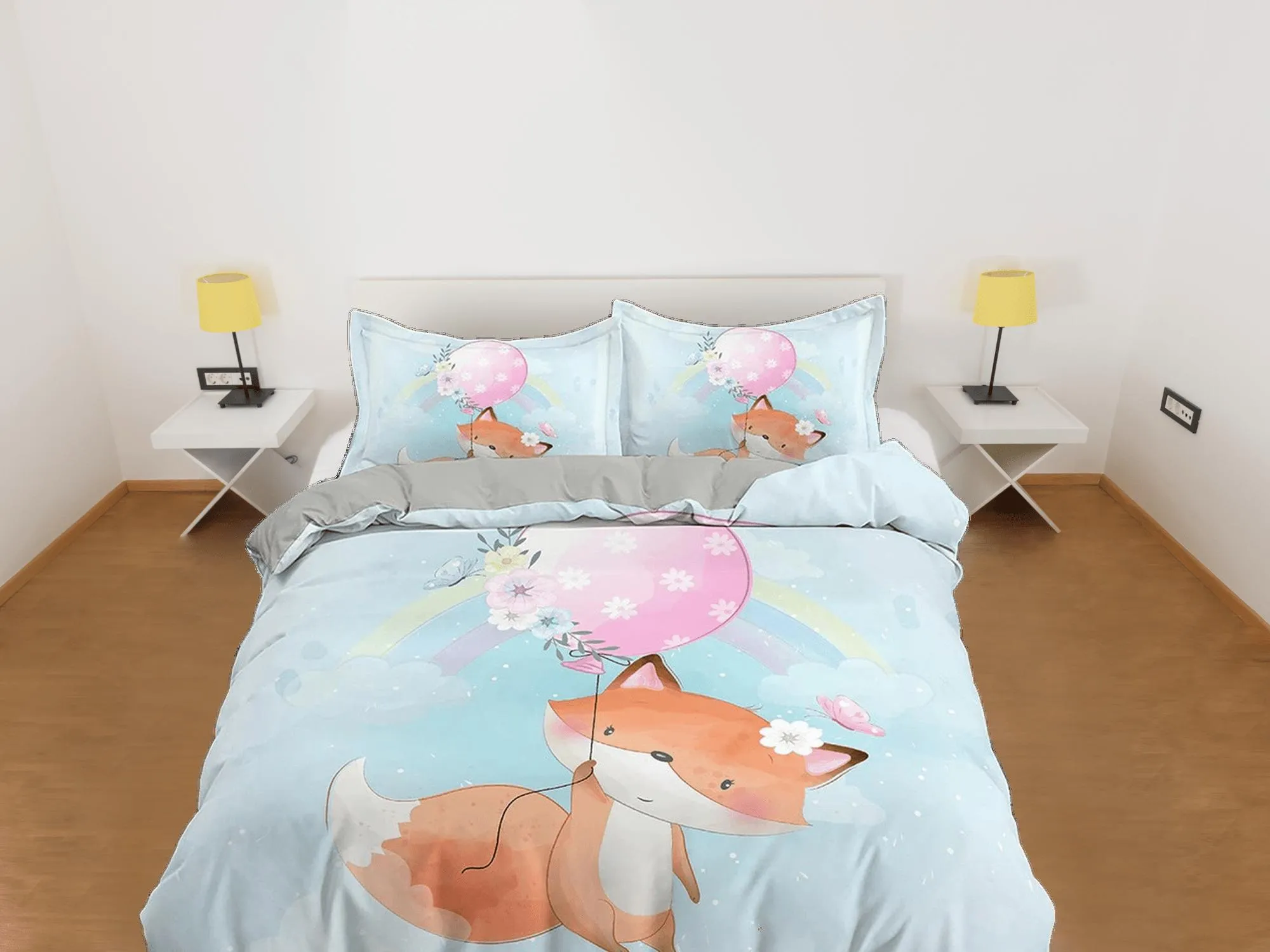 Cute Fox Holding a Pink Balloon Bedding, Duvet Cover Set, Zipper Bedding, Dorm Bedding, Teens Adult Duvet King Queen Full Twin Single