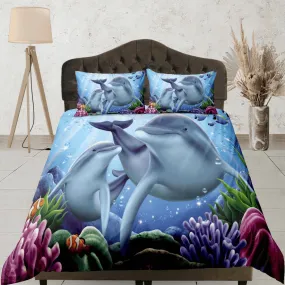 Cute mom and child bottle nose dolphin bedding duvet cover, ocean blush decor sea animal bedding set full king queen twin, dorm bedding gift