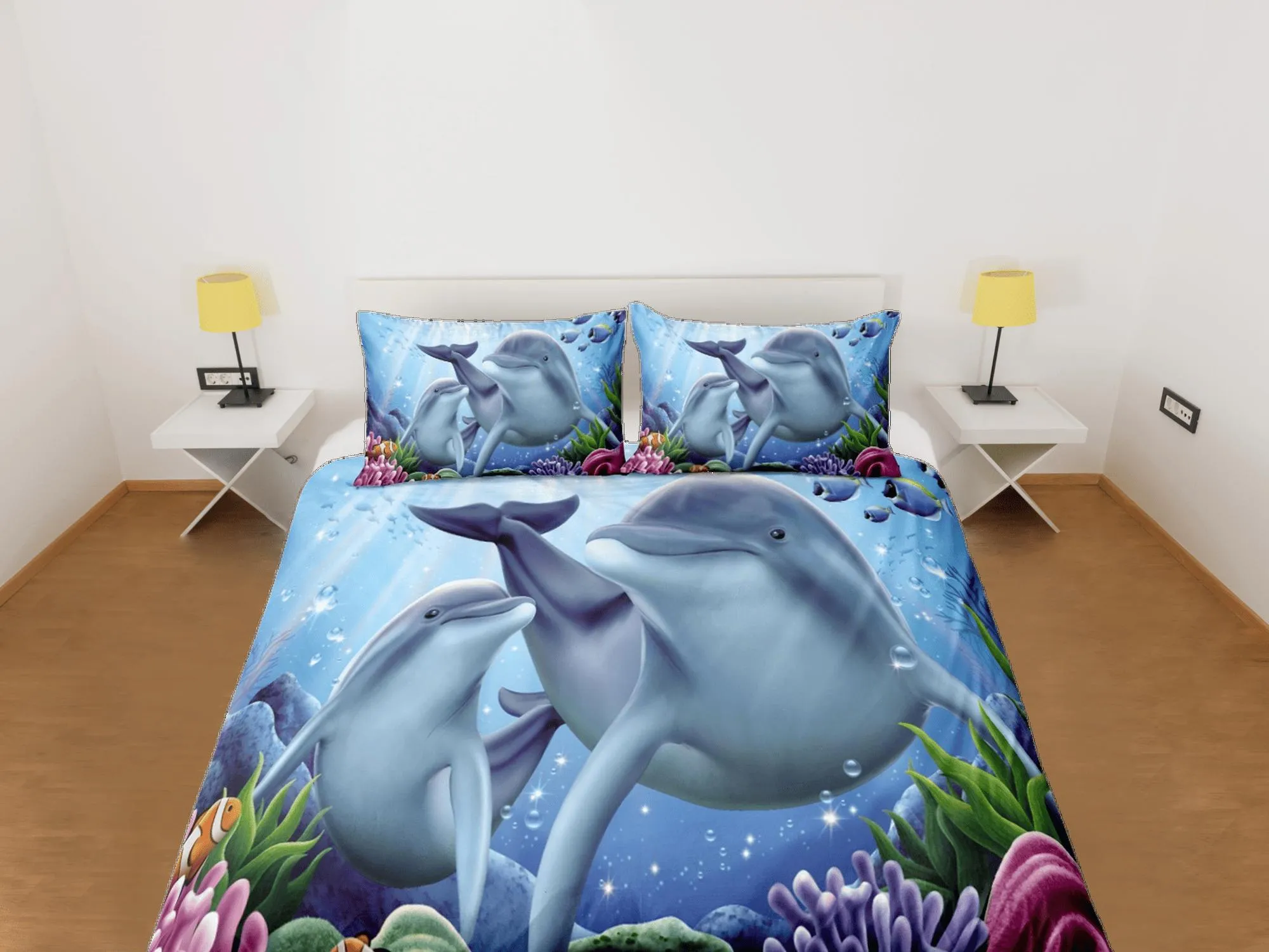 Cute mom and child bottle nose dolphin bedding duvet cover, ocean blush decor sea animal bedding set full king queen twin, dorm bedding gift