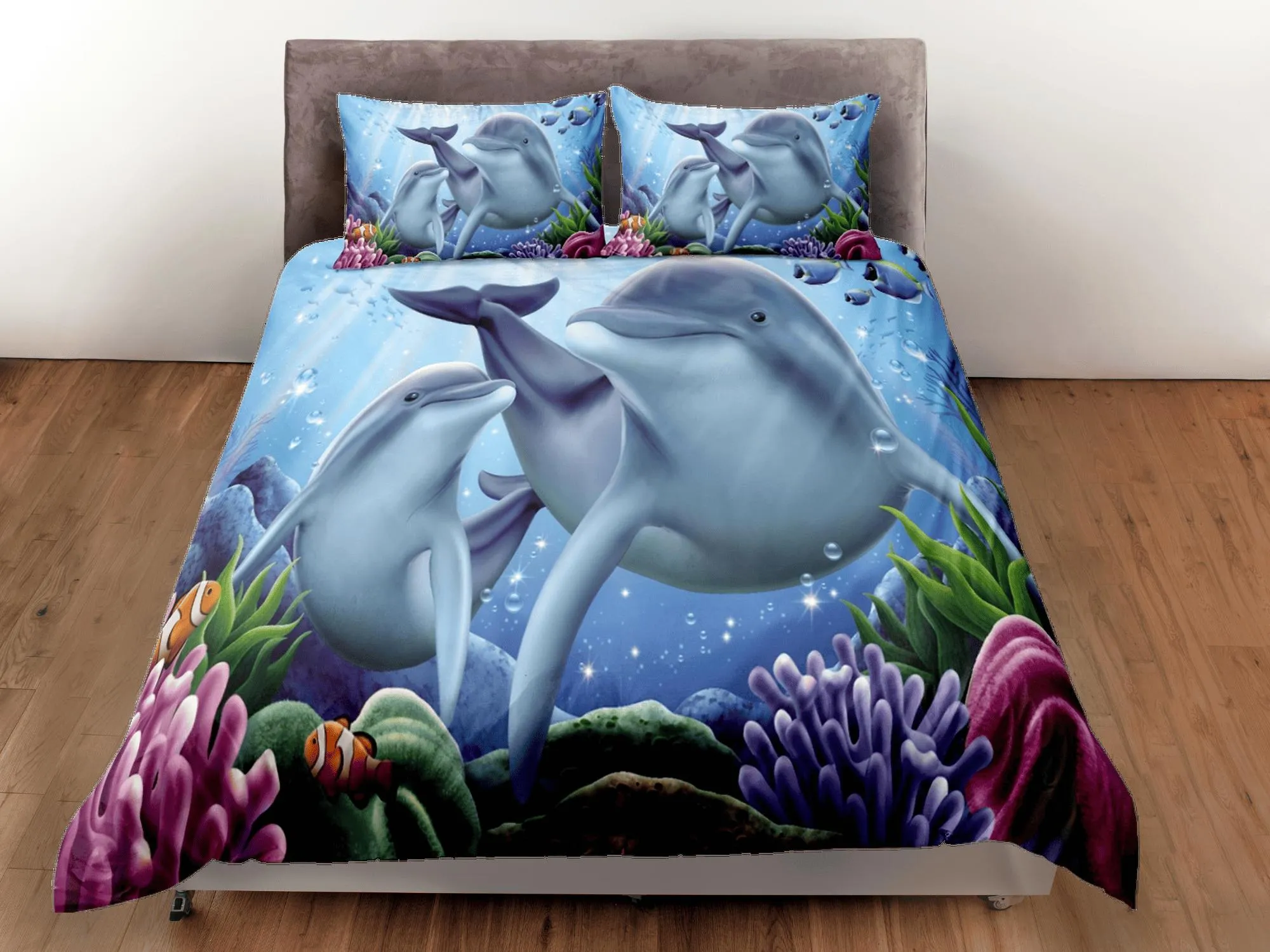 Cute mom and child bottle nose dolphin bedding duvet cover, ocean blush decor sea animal bedding set full king queen twin, dorm bedding gift