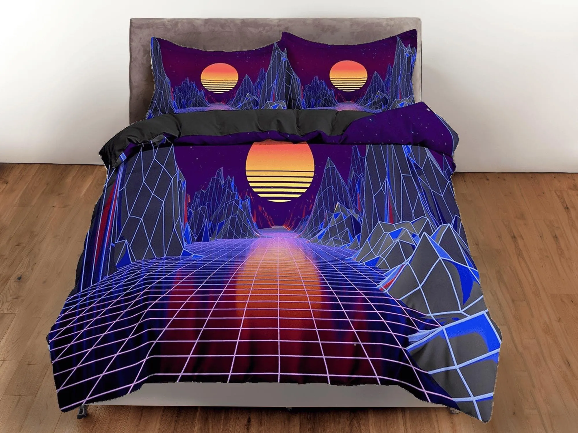 Dark Colored Vaporwave Bedding with Mountains and Sunset, Cool Hippie Duvet Cover Set for Boys Bedroom, Trippy Psychedelic Bed Cover 90s