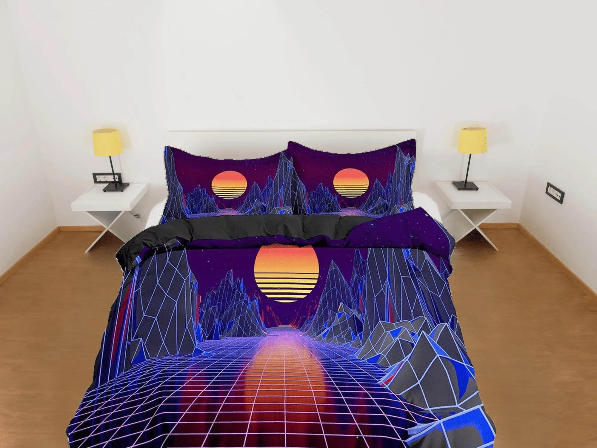 Dark Colored Vaporwave Bedding with Mountains and Sunset, Cool Hippie Duvet Cover Set for Boys Bedroom, Trippy Psychedelic Bed Cover 90s