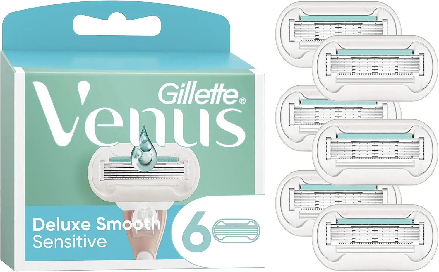 Deluxe Smooth Sensitive Razor Blades Women, Pack of 6 Razor Blade Refills, Lubrastrip with A Touch of Aloe Vera, SkinCushion Helps Protect From Shave Irritation