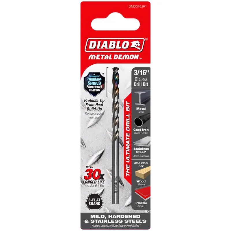 Diablo Metal Demon 3/16 in. X 3.4 in. L Metal Drill Bit 3-Flat Shank 1 pc