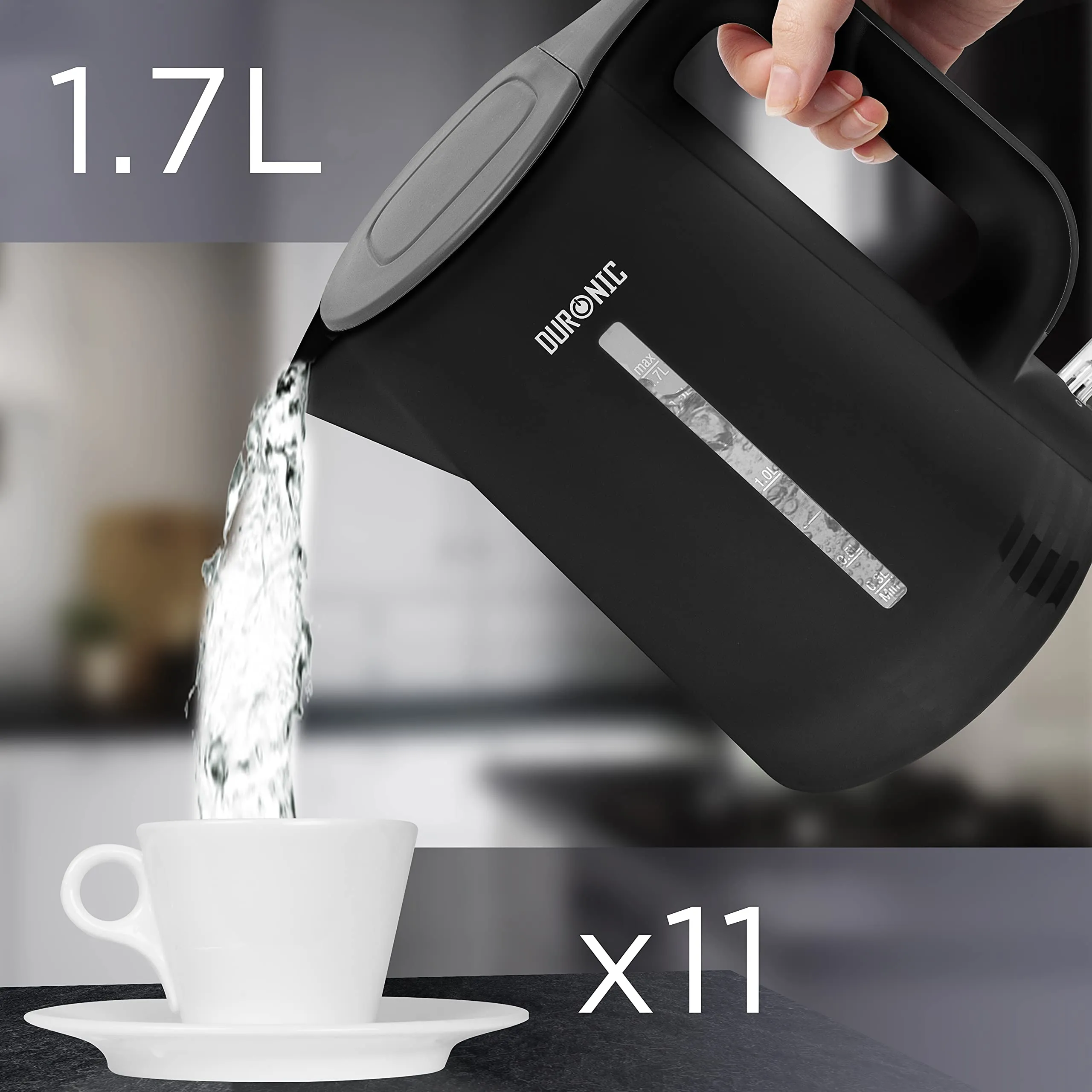 Duronic Electric Kettle EK17BK Cordless Kettles Hot Water Boiler Electrical Heating with Fast Boil Dry Protection Quiet Electronic Kitchen Kettle for Boiling Water Tea Coffee Hot Chocolate Soup - Black