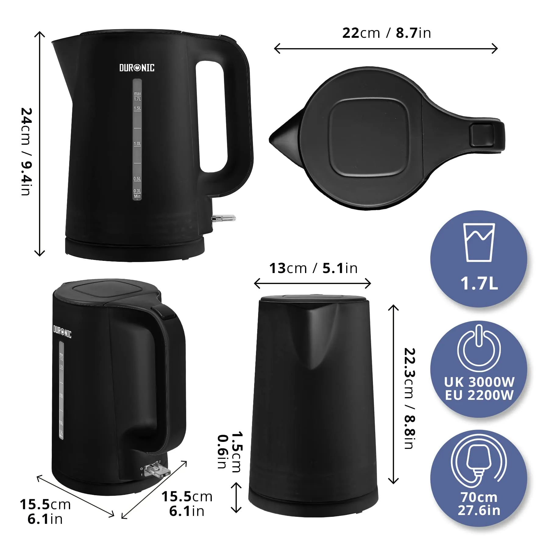 Duronic Electric Kettle EK17BK Cordless Kettles Hot Water Boiler Electrical Heating with Fast Boil Dry Protection Quiet Electronic Kitchen Kettle for Boiling Water Tea Coffee Hot Chocolate Soup - Black