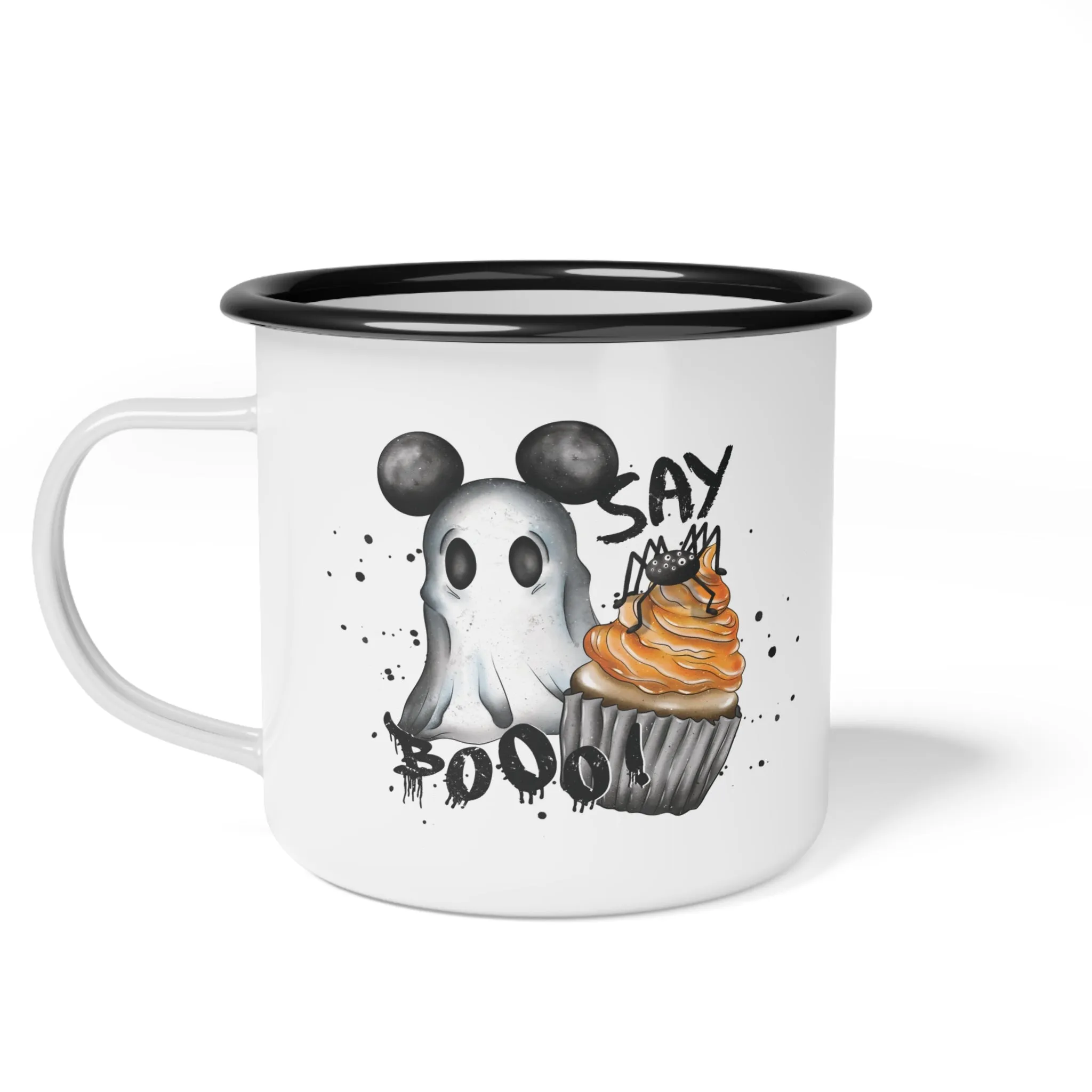 Enamel Camp Cup with Say Boo Ghost and Spider Design