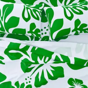 Fresh Green Hawaiian Flowers on White Sheet Set from Surfer Bedding™️ Large Scale