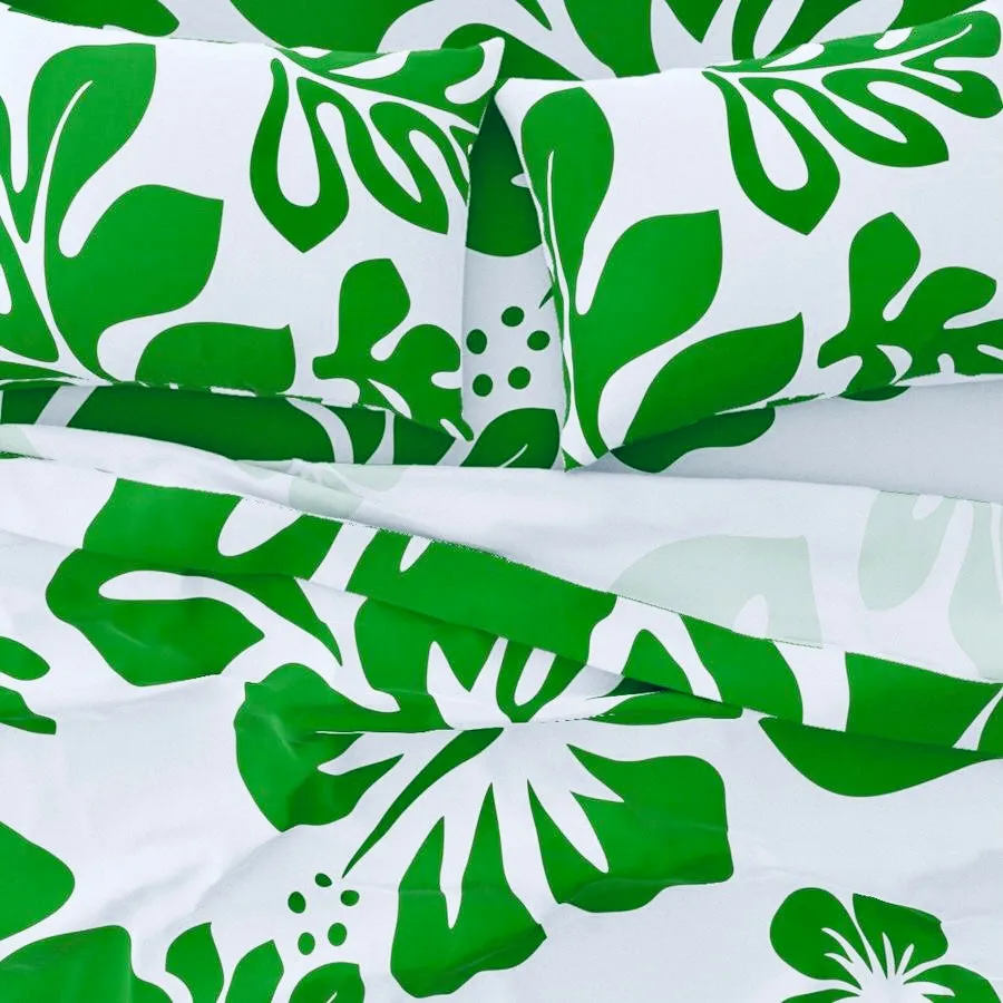 Fresh Green Hawaiian Flowers on White Sheet Set from Surfer Bedding™️ Large Scale