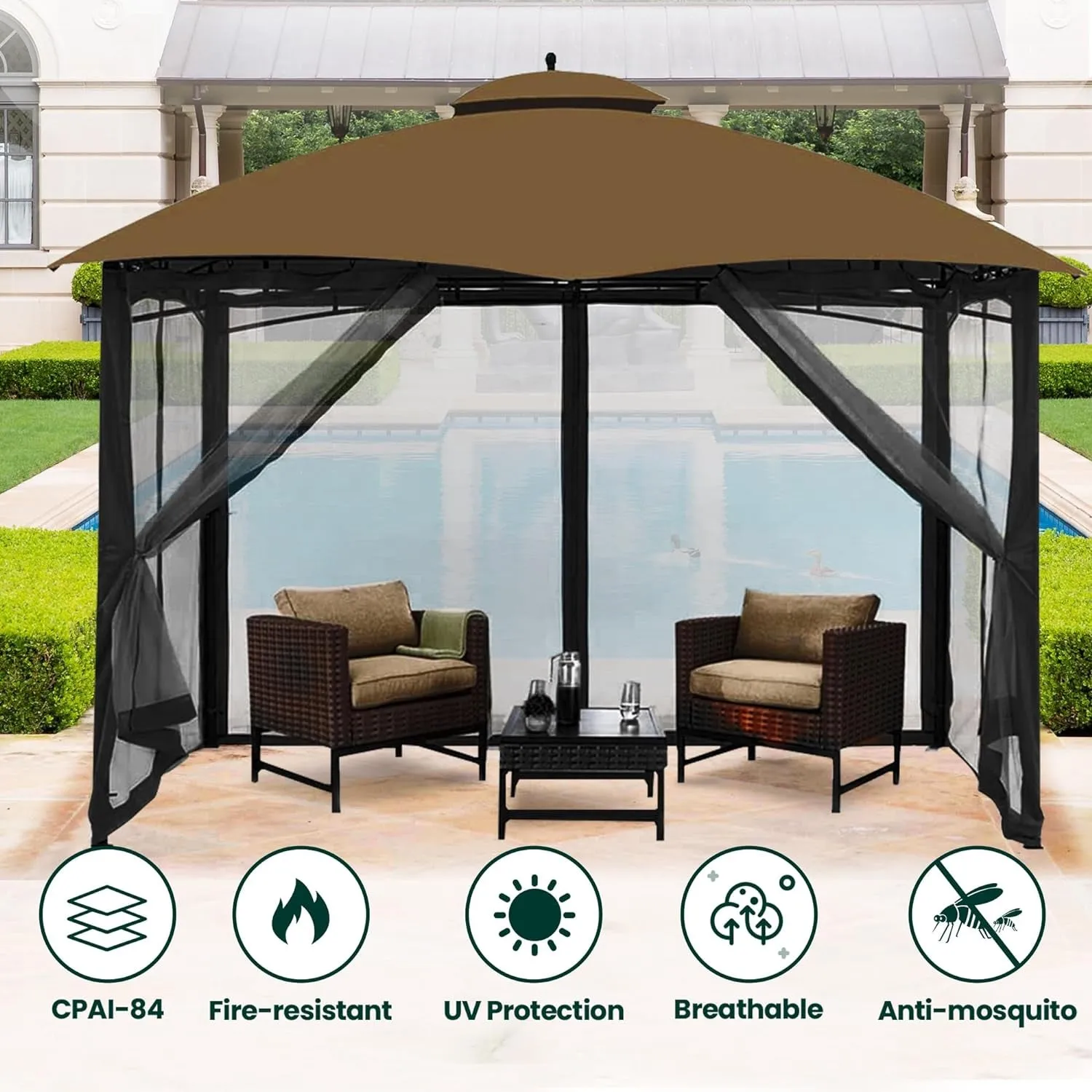 Gazebo Universal Replacement Mosquito Netting, 12' X 16' Outdoor Canopy Net Screen 4-Panel Sidewall Curtain, with Zippers, Easy to Install, Fit for Most Gazebo 12X16 Canopy, Black