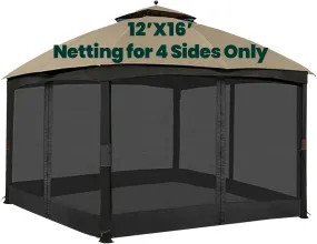 Gazebo Universal Replacement Mosquito Netting, 12' X 16' Outdoor Canopy Net Screen 4-Panel Sidewall Curtain, with Zippers, Easy to Install, Fit for Most Gazebo 12X16 Canopy, Black