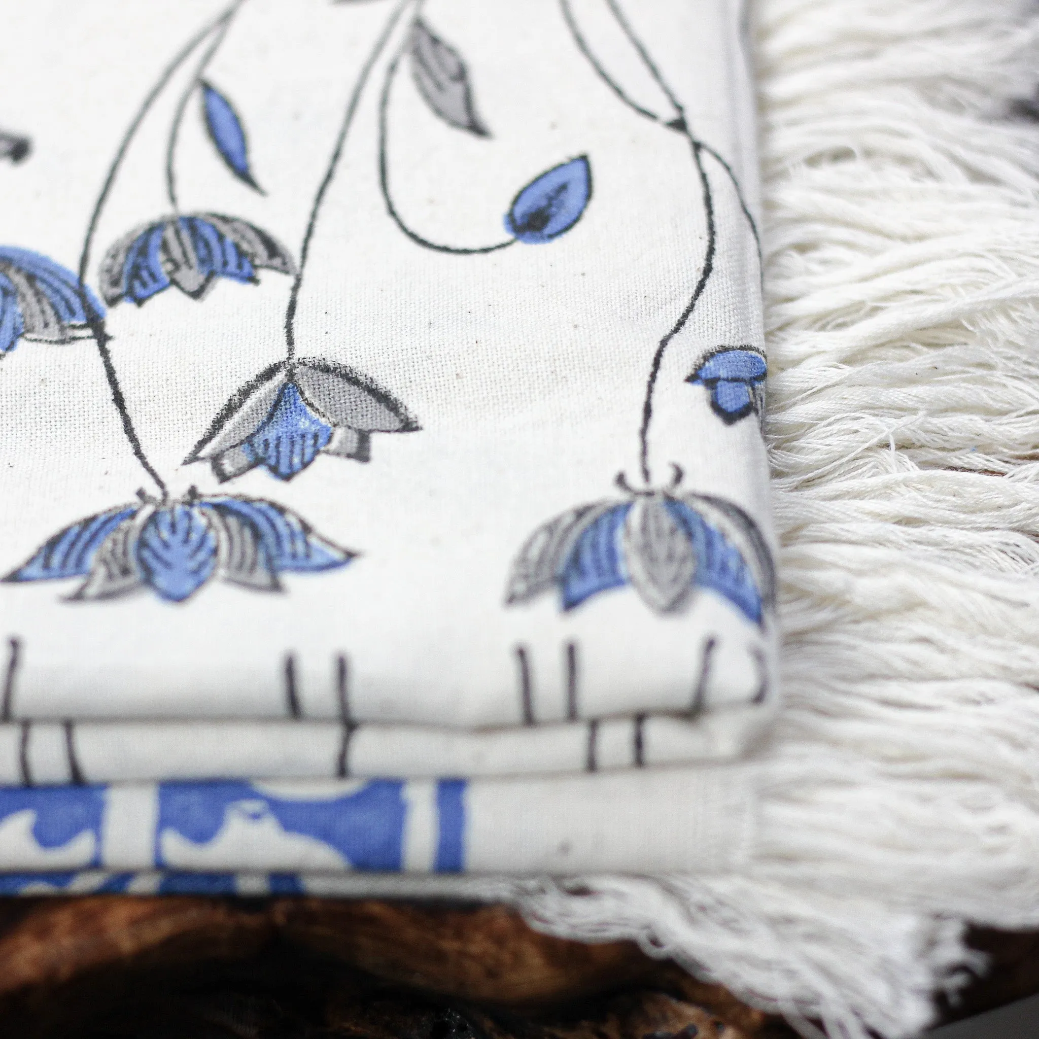 Hand Block Printed Handwoven Decorative Cotton Bath Towel | White-Blue, 29x62"