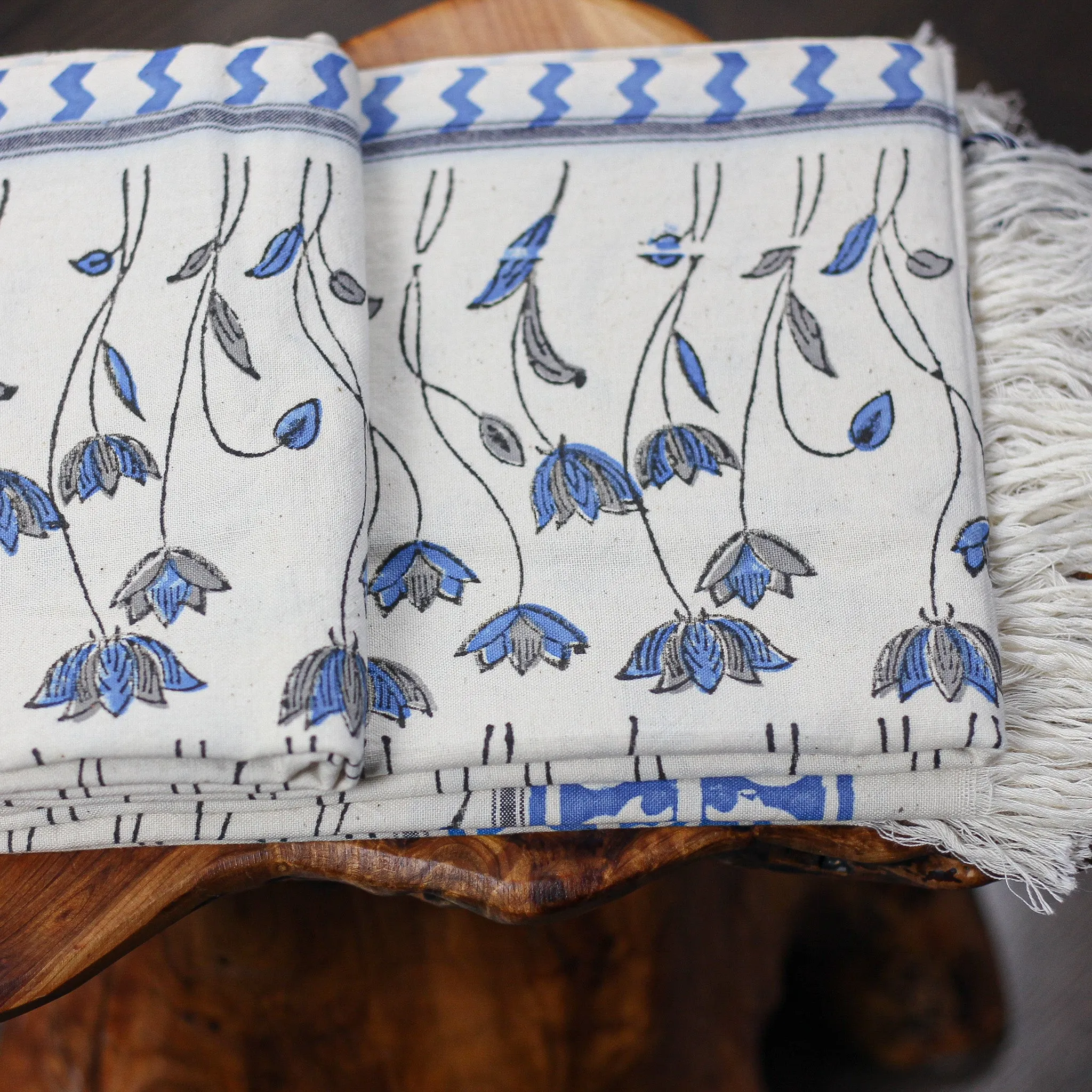 Hand Block Printed Handwoven Decorative Cotton Bath Towel | White-Blue, 29x62"