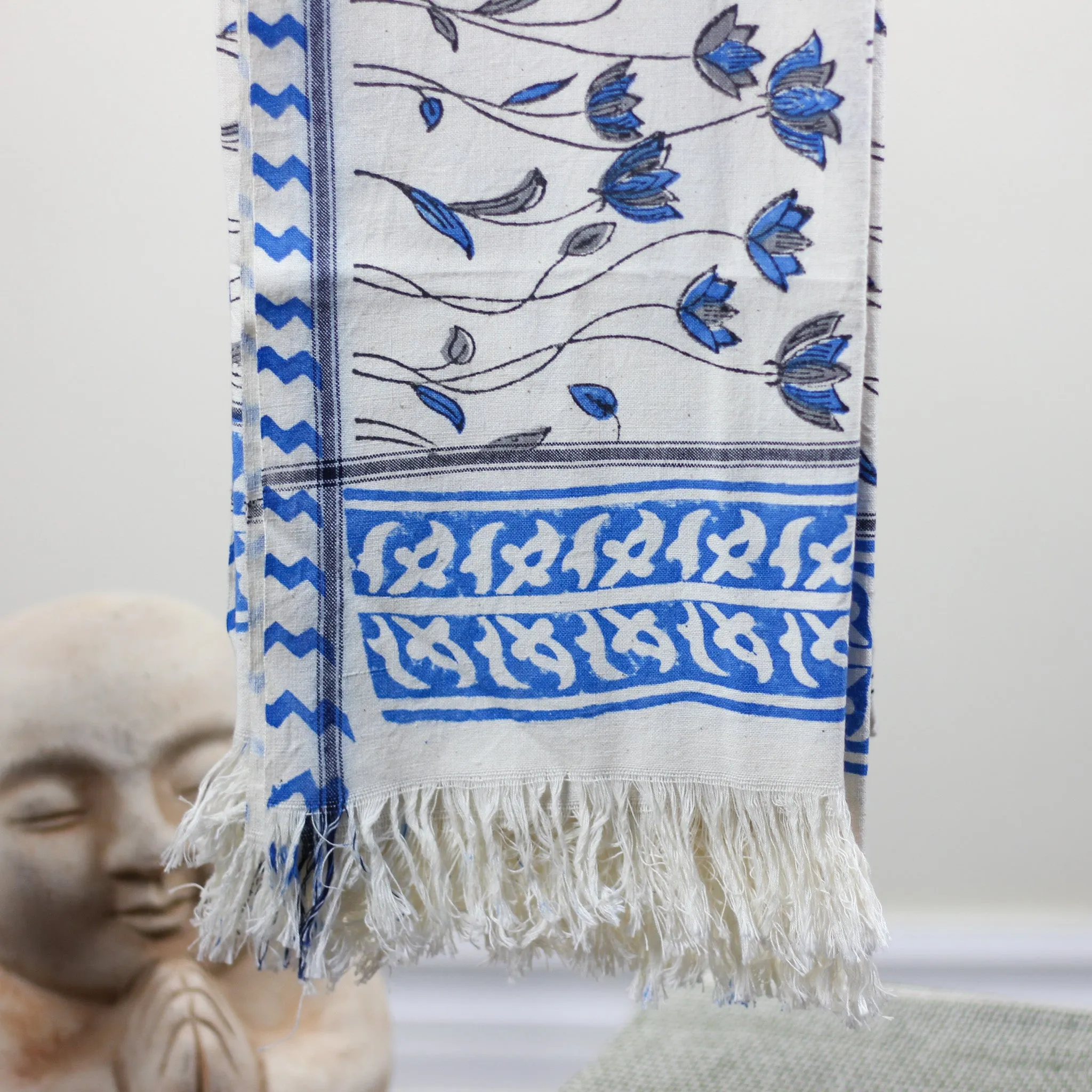 Hand Block Printed Handwoven Decorative Cotton Bath Towel | White-Blue, 29x62"