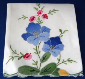 Hand Towel Embroidered Appliqued Flowers Cross Stitch 1970s