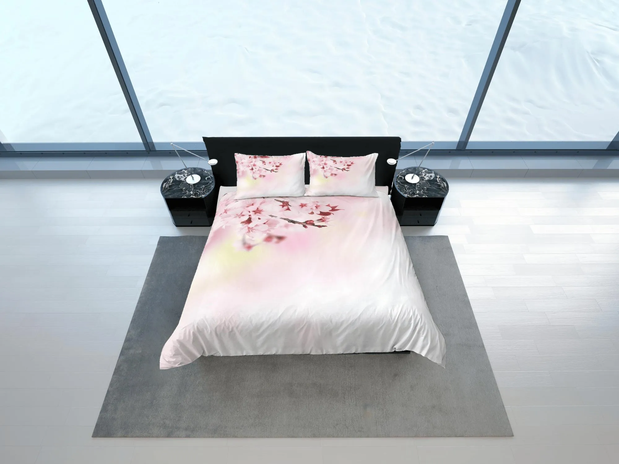 Japanese cherry blossom bedding floral prints duvet cover queen, king boho bedding designer bedspread minimalist full size bedding aesthetic