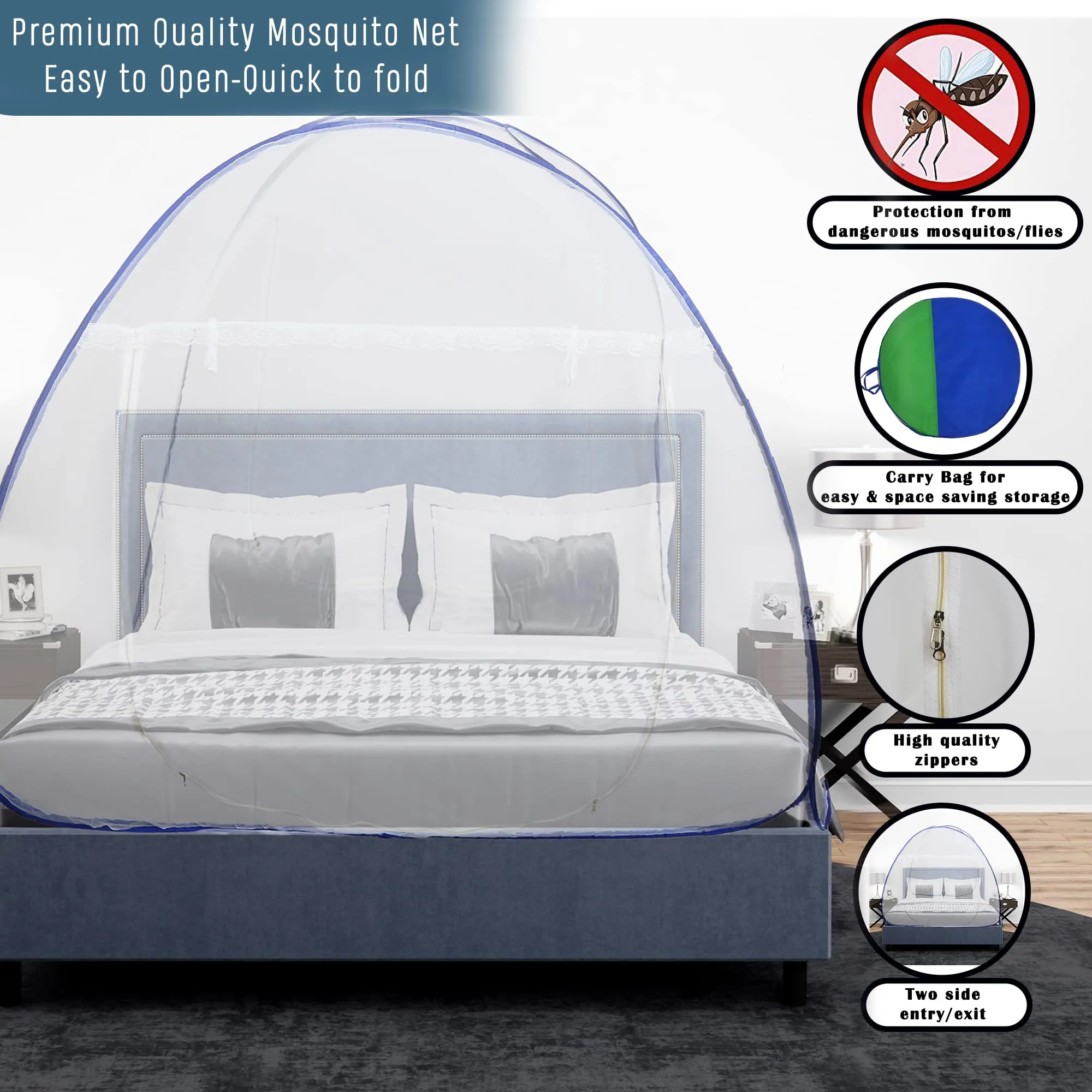 JDX Mosquito Net for Double Bed | King Size Foldable Machardani | Polyester 30GSM Strong Net | PVC Coated Corrosion Resistant Steel Wire - Blue