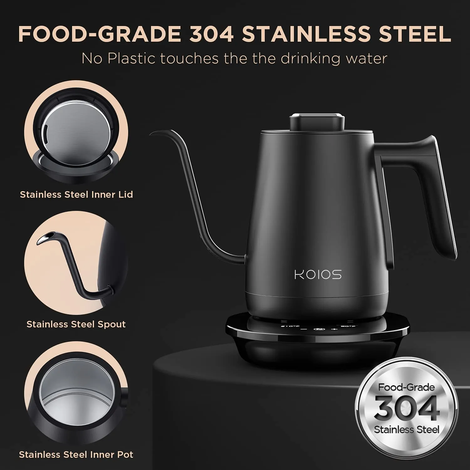 KOIOS KE4088T-UL 0.8L 1200W Gooseneck Electric Kettle