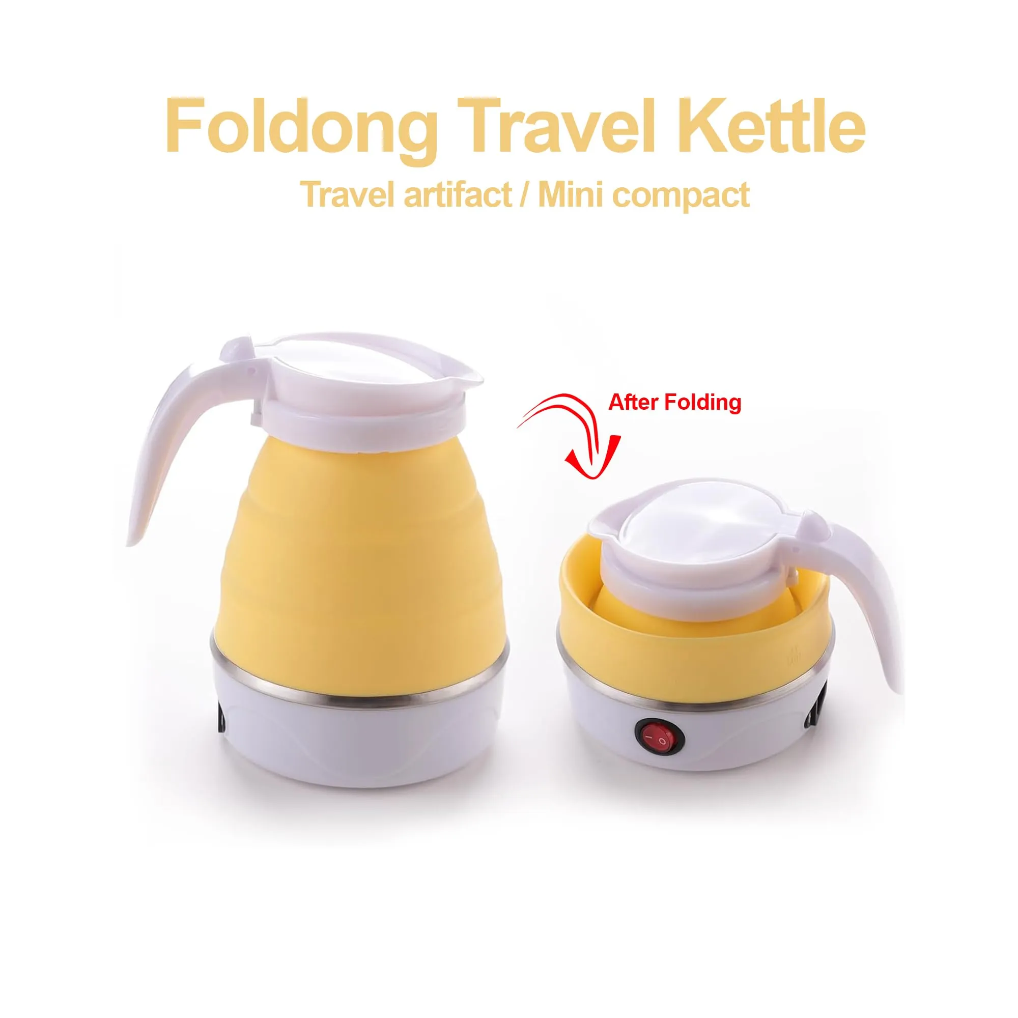 Kuber Industries Pack of 5 Foldable Electric Kettle 600 ML|Silicone Body With 304-Stainless Steel Base|Leak Proof Design|Multipurpose Portable Electric Kettle for Travel, Office & Home|600W|Yellow