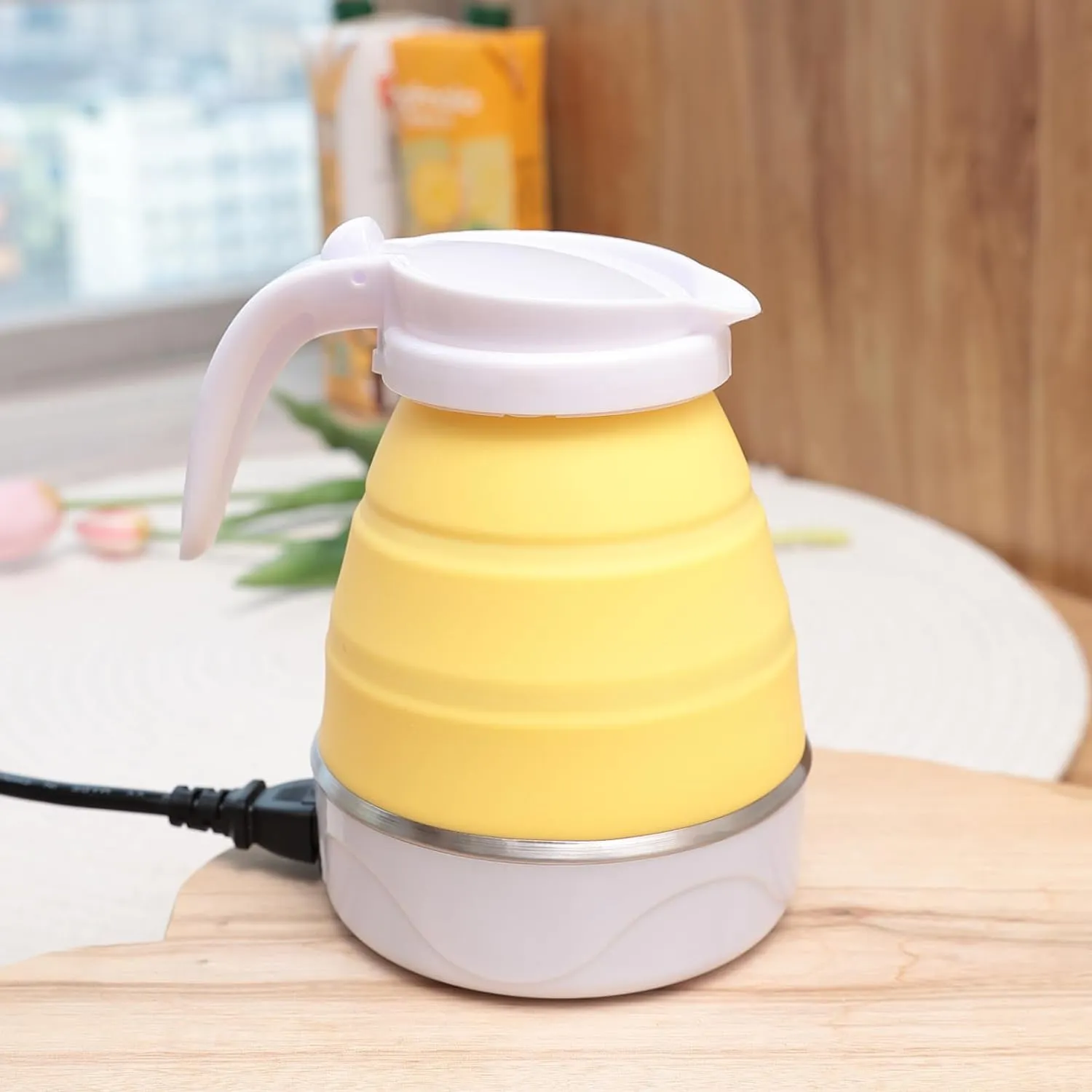 Kuber Industries Pack of 5 Foldable Electric Kettle 600 ML|Silicone Body With 304-Stainless Steel Base|Leak Proof Design|Multipurpose Portable Electric Kettle for Travel, Office & Home|600W|Yellow