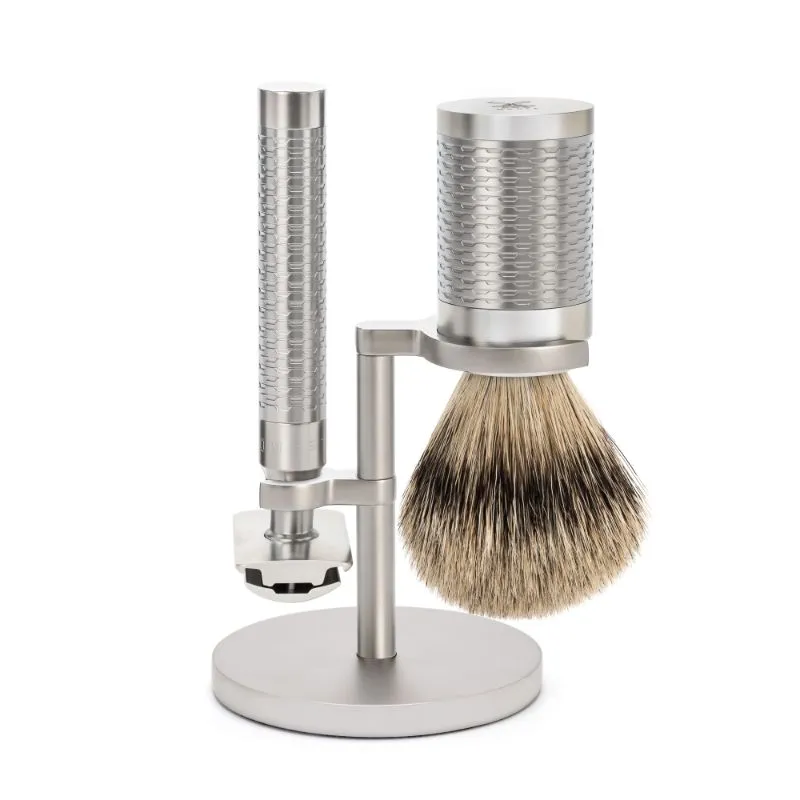 MUHLE Rocca, Stainless Steel, Shaving Set with Safety Razor and Silvertip Badger Shaving Brush