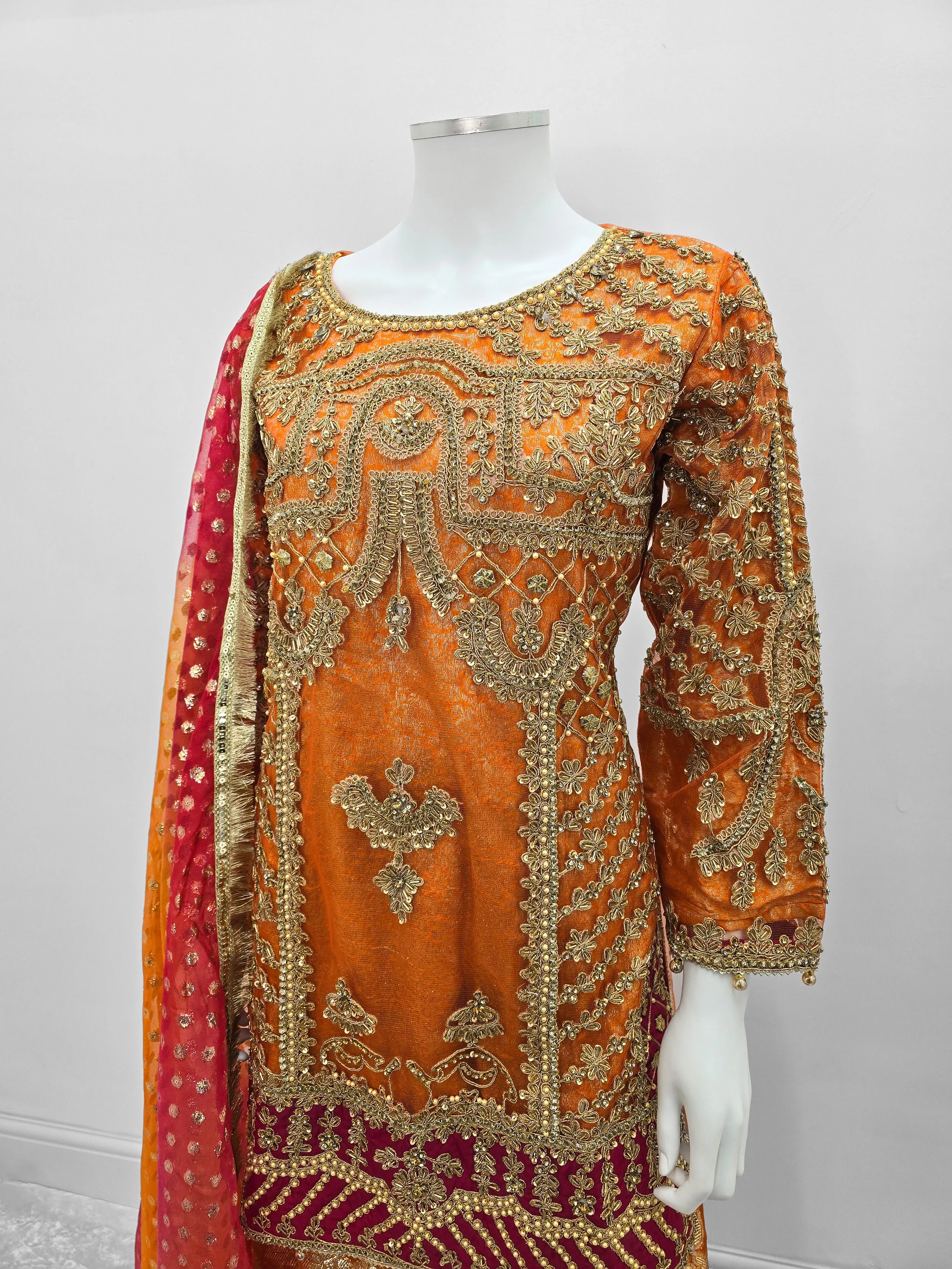 Orange Embroidered Net Suit with Sharara