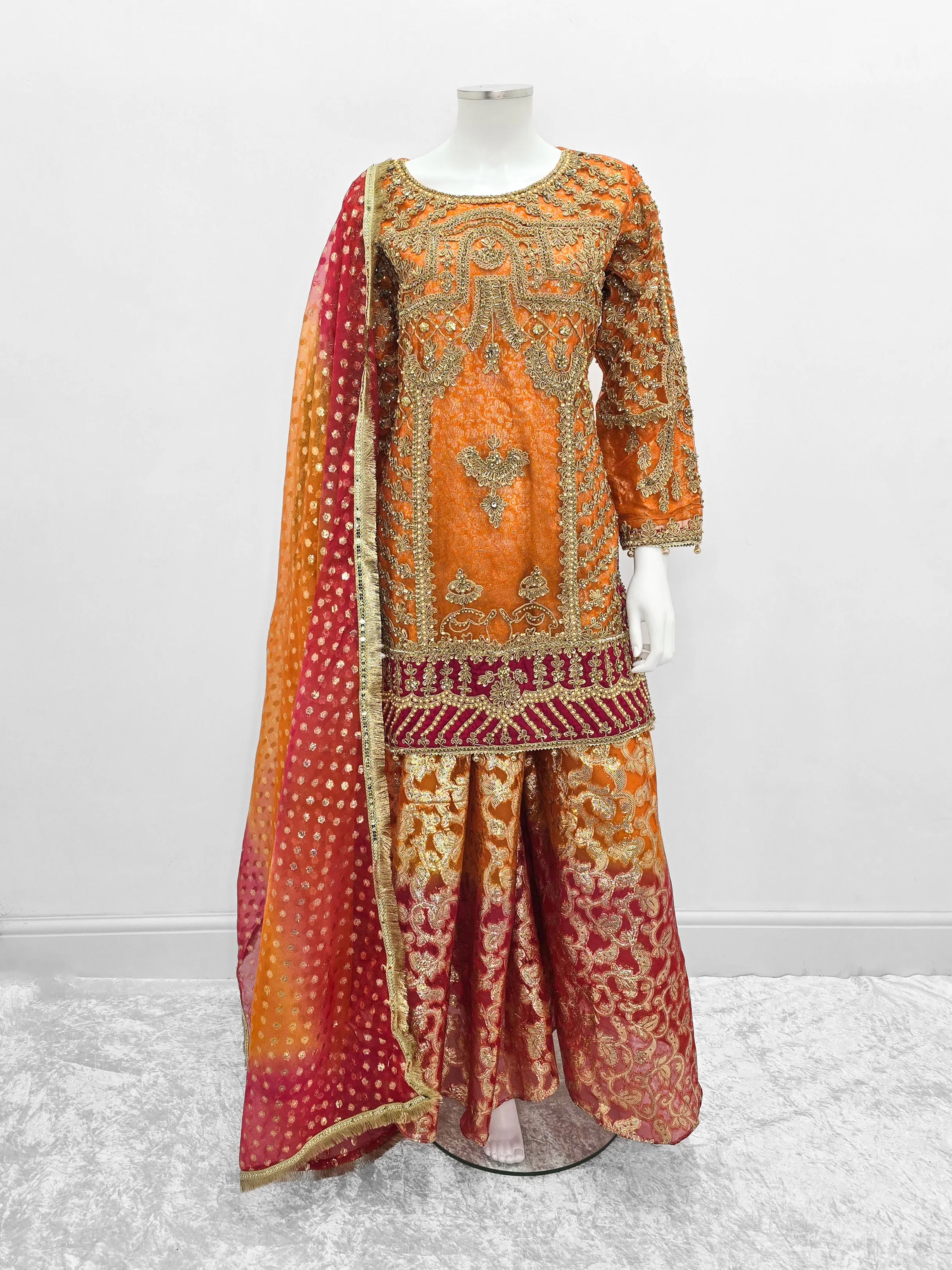 Orange Embroidered Net Suit with Sharara