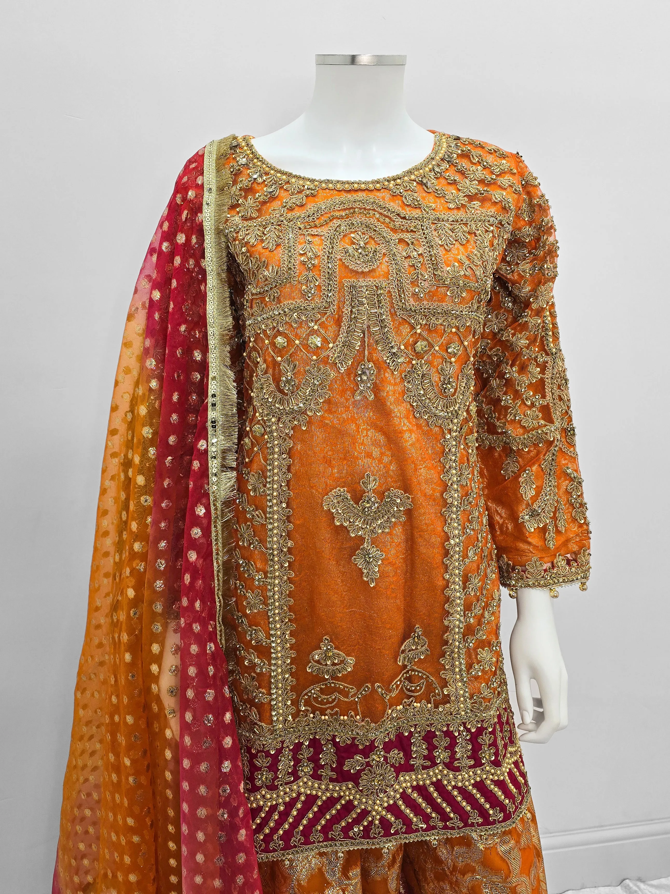 Orange Embroidered Net Suit with Sharara