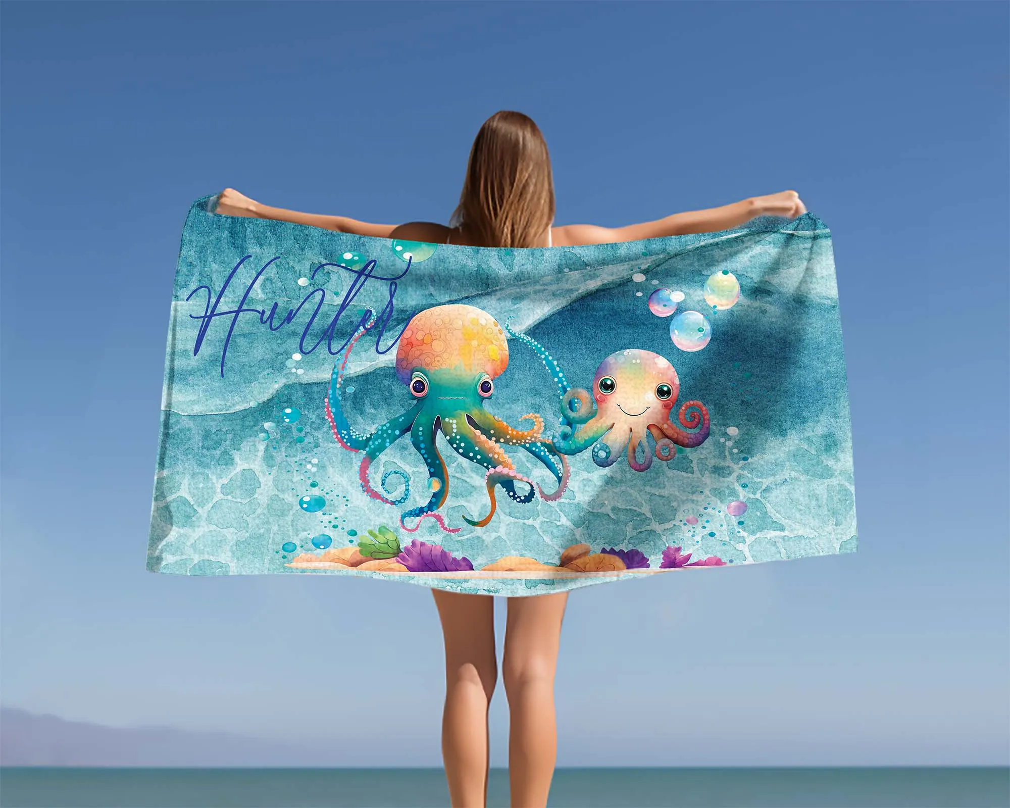 Personalised Beach Towel, Octopus, Polycotton Towel