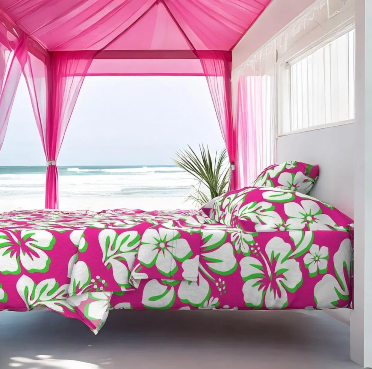 Preppy Surfer Girl Pink, Lime Green and White Hawaiian and Hibiscus Flowers Sheet Set from Surfer Bedding™️ Medium Scale