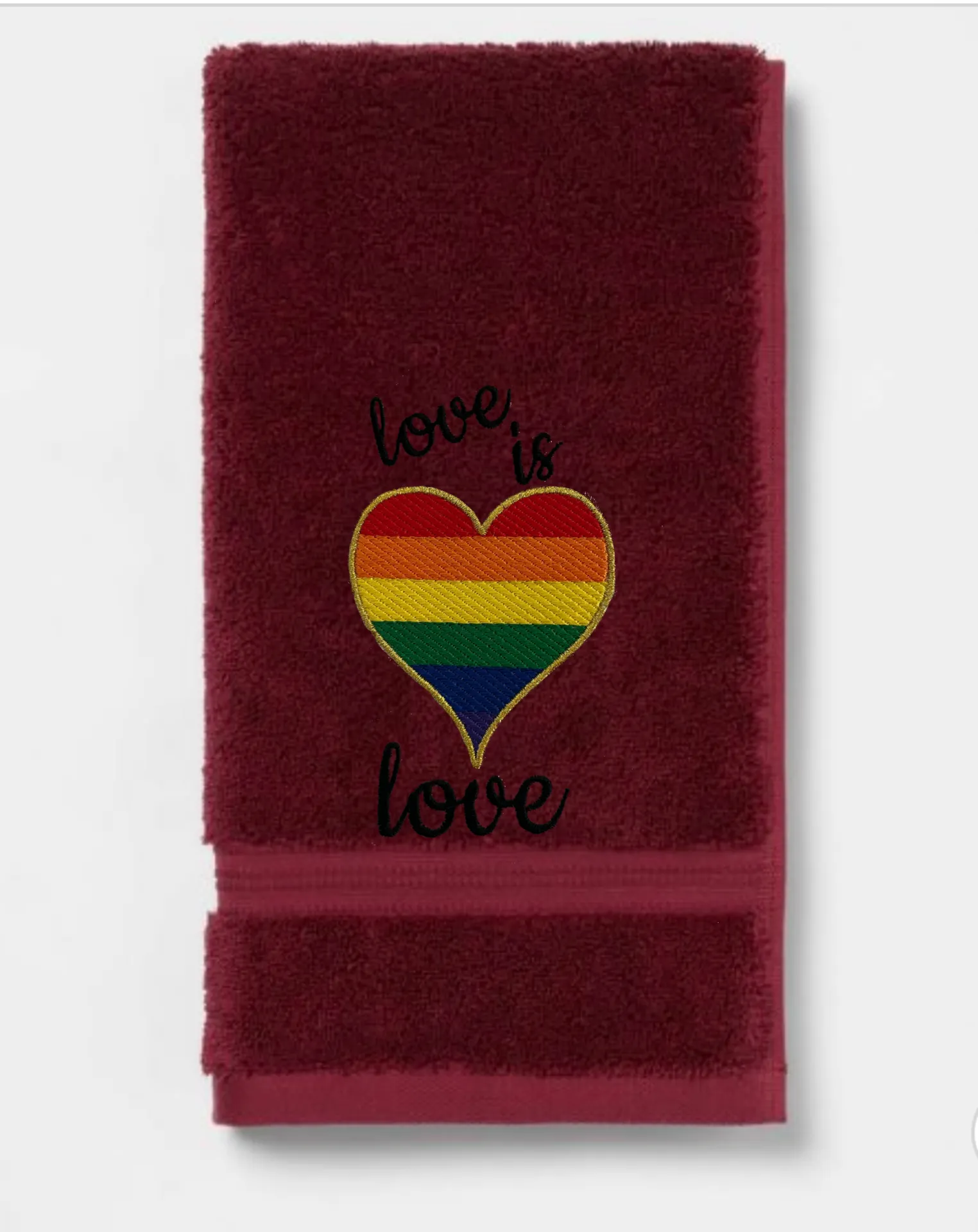 Rainbow Heart Love is Love Embroidered Guest Bath Hand Towel.