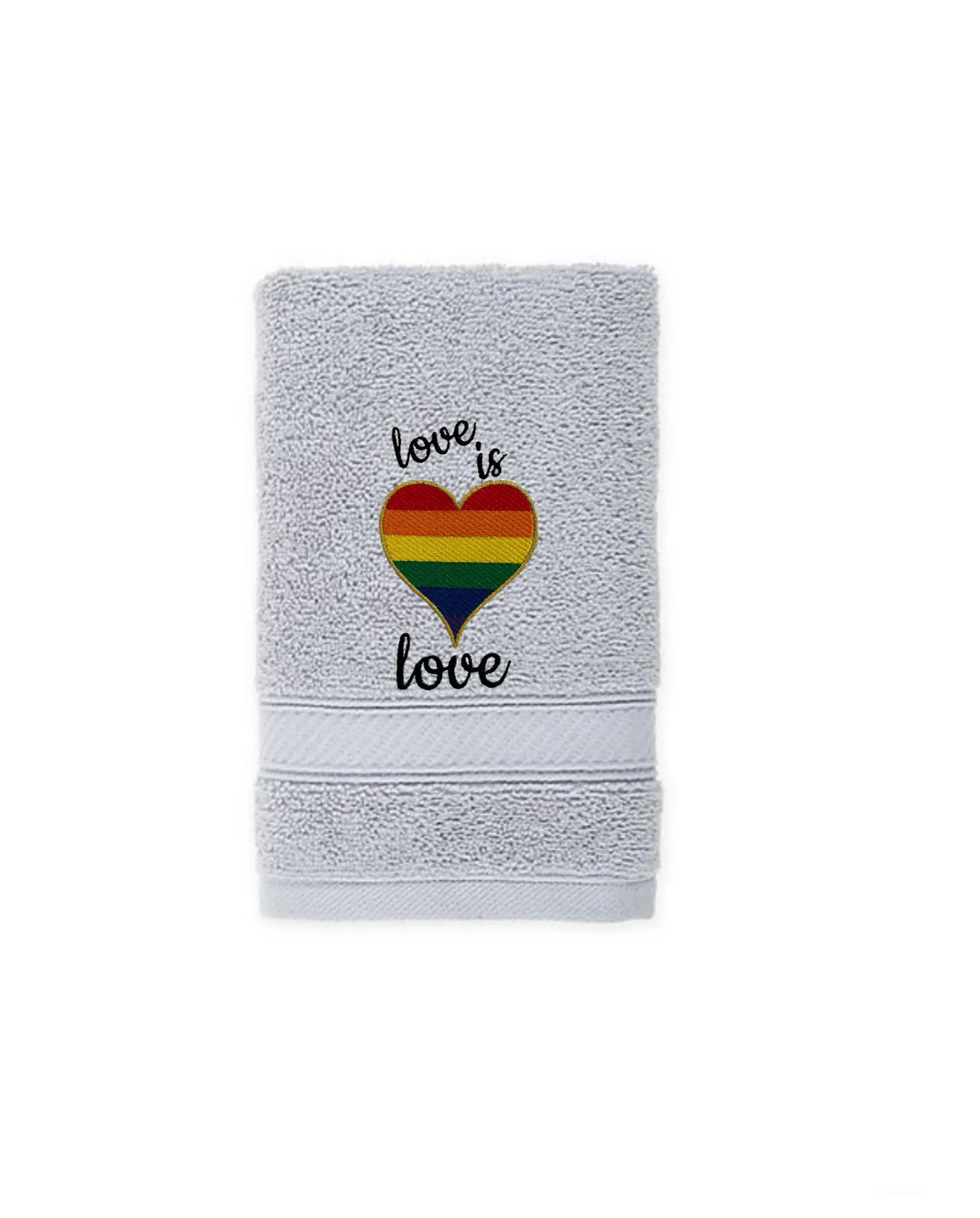 Rainbow Heart Love is Love Embroidered Guest Bath Hand Towel.