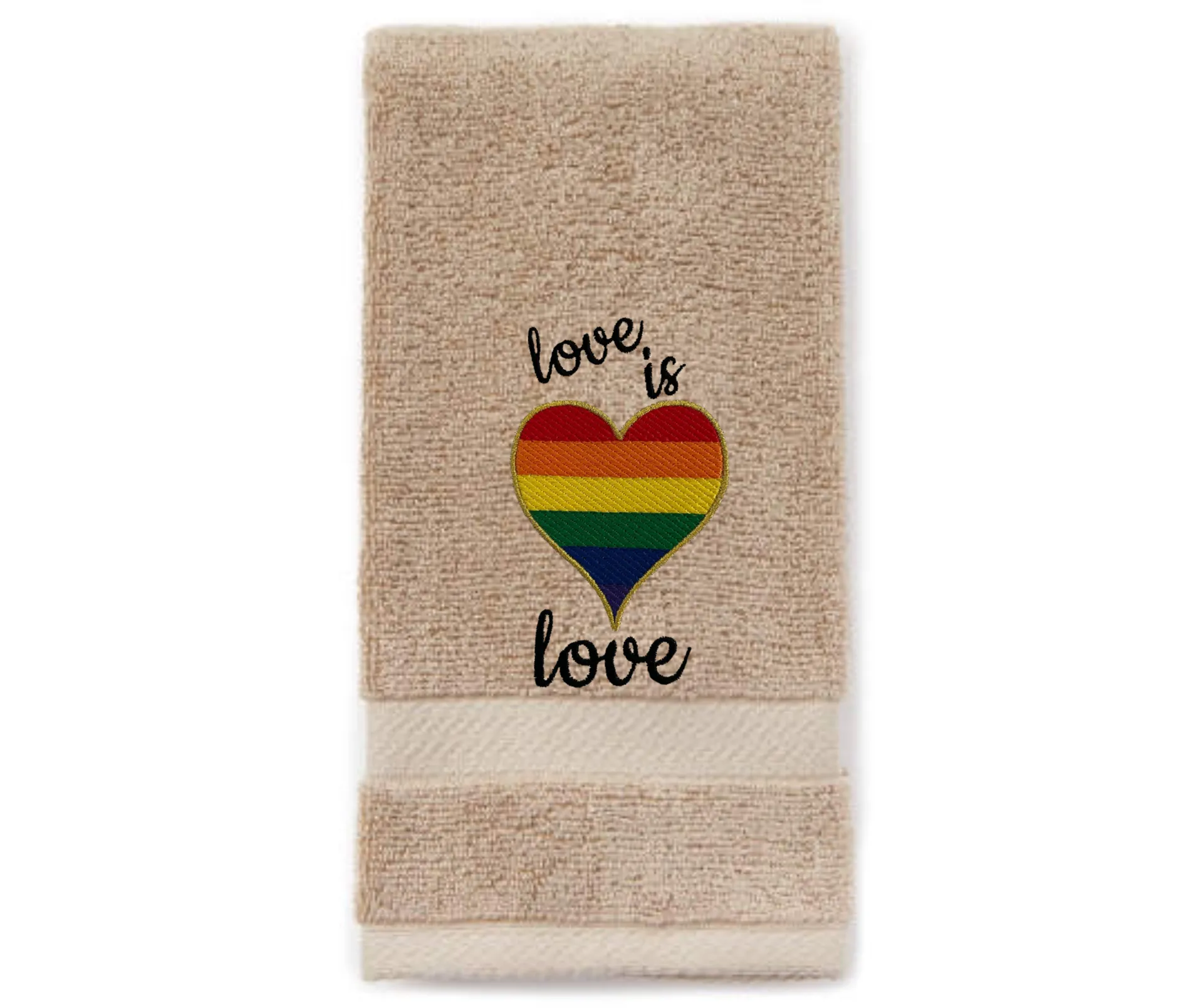 Rainbow Heart Love is Love Embroidered Guest Bath Hand Towel.