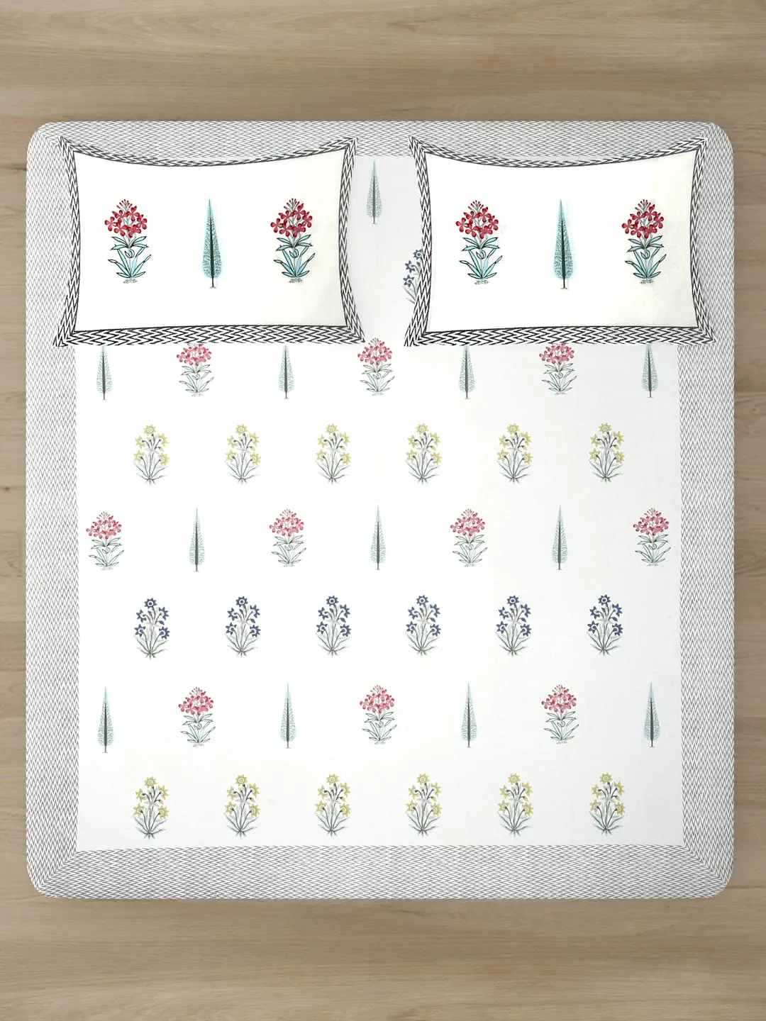 Rajasthan Decor Floral Design Cotton Printed Soft/Breathable Wrinkle- Free Bedsheet for King Bed Size with 2 Pillowcovers, White 1