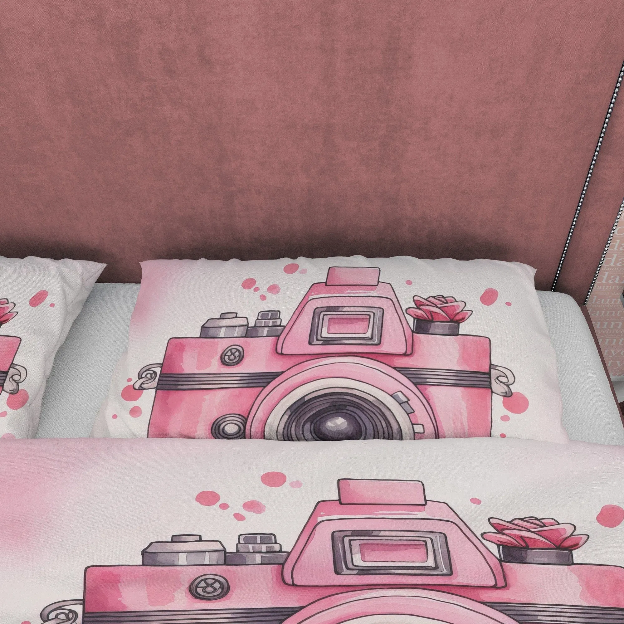 Retro Camera Duvet Cover Set Baby Pink Bedding, Vintage Girly Bedroom Set, Cute Quilt Cover, Photophille Bedspread, Photographer Gift