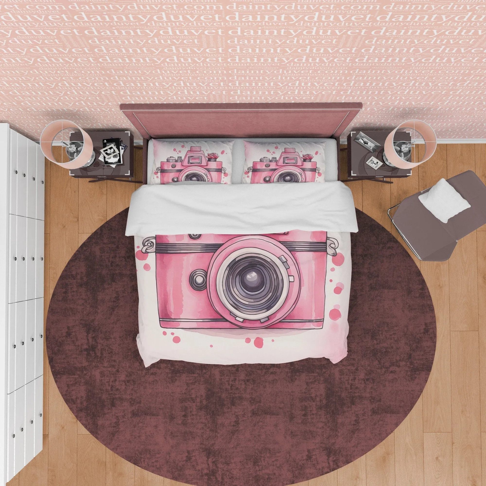 Retro Camera Duvet Cover Set Baby Pink Bedding, Vintage Girly Bedroom Set, Cute Quilt Cover, Photophille Bedspread, Photographer Gift