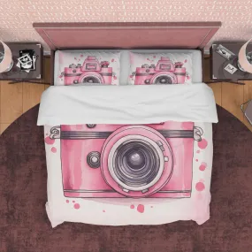 Retro Camera Duvet Cover Set Baby Pink Bedding, Vintage Girly Bedroom Set, Cute Quilt Cover, Photophille Bedspread, Photographer Gift