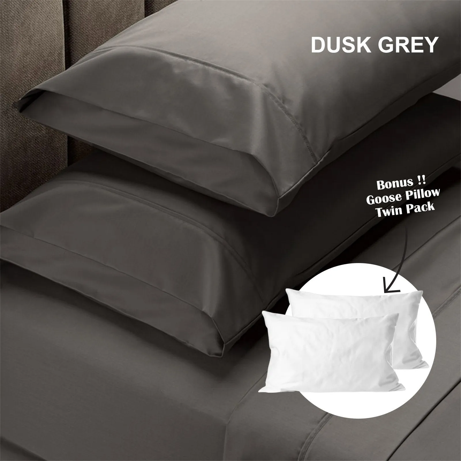 Royal Comfort 4 Piece 1500TC Sheet Set And Goose Feather Down Pillows 2 Pack Set King Dusk Grey