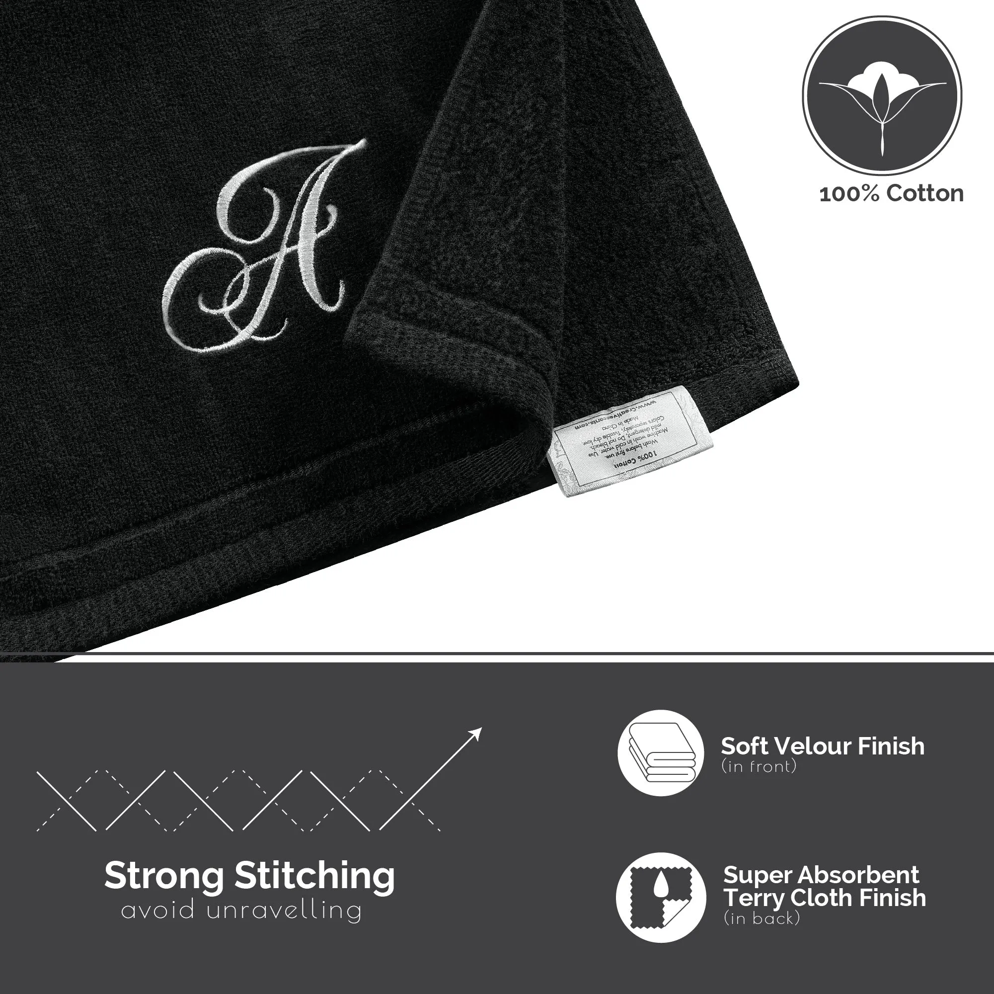 Set of 2 Black Monogrammed Towel - White Embroidered - Initial B (Wholesale)