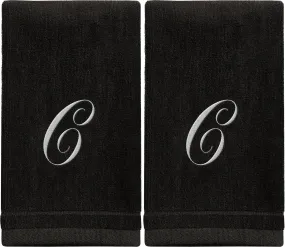 Set of 2 Black Monogrammed Towel - White Embroidered - Initial C (Wholesale)