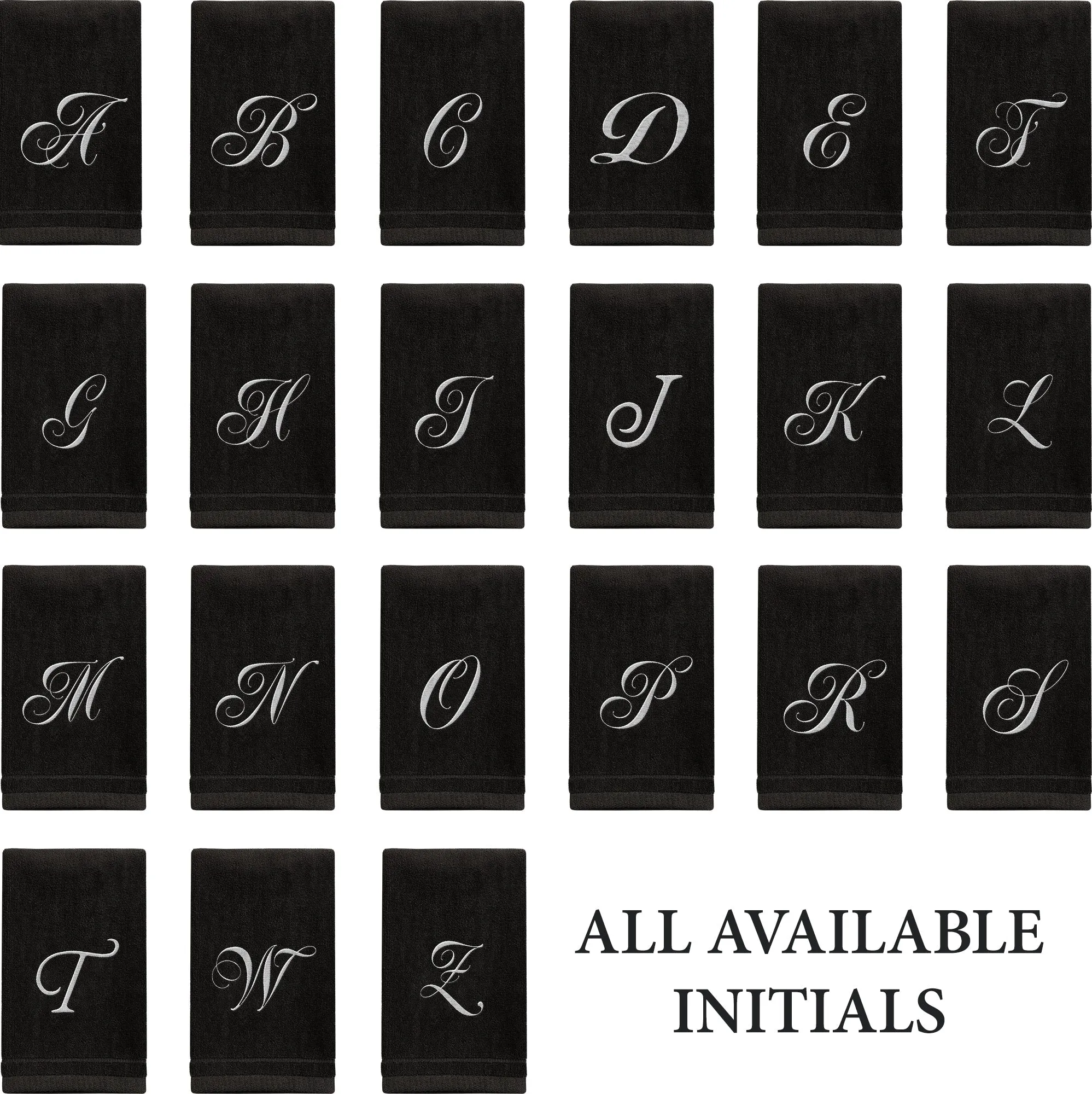 Set of 2 Black Monogrammed Towel - White Embroidered - Initial E (Wholesale)