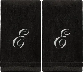 Set of 2 Black Monogrammed Towel - White Embroidered - Initial E (Wholesale)