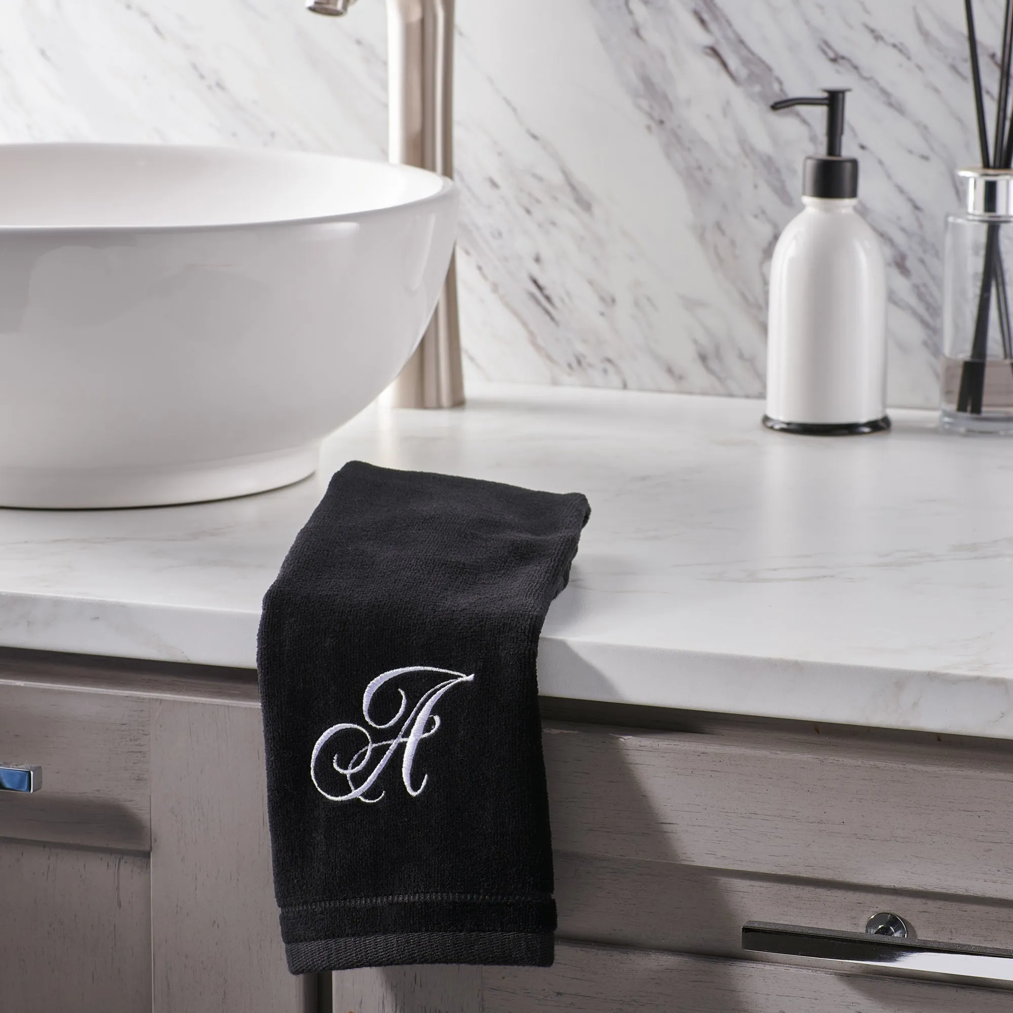 Set of 2 Black Monogrammed Towel - White Embroidered - Initial E (Wholesale)