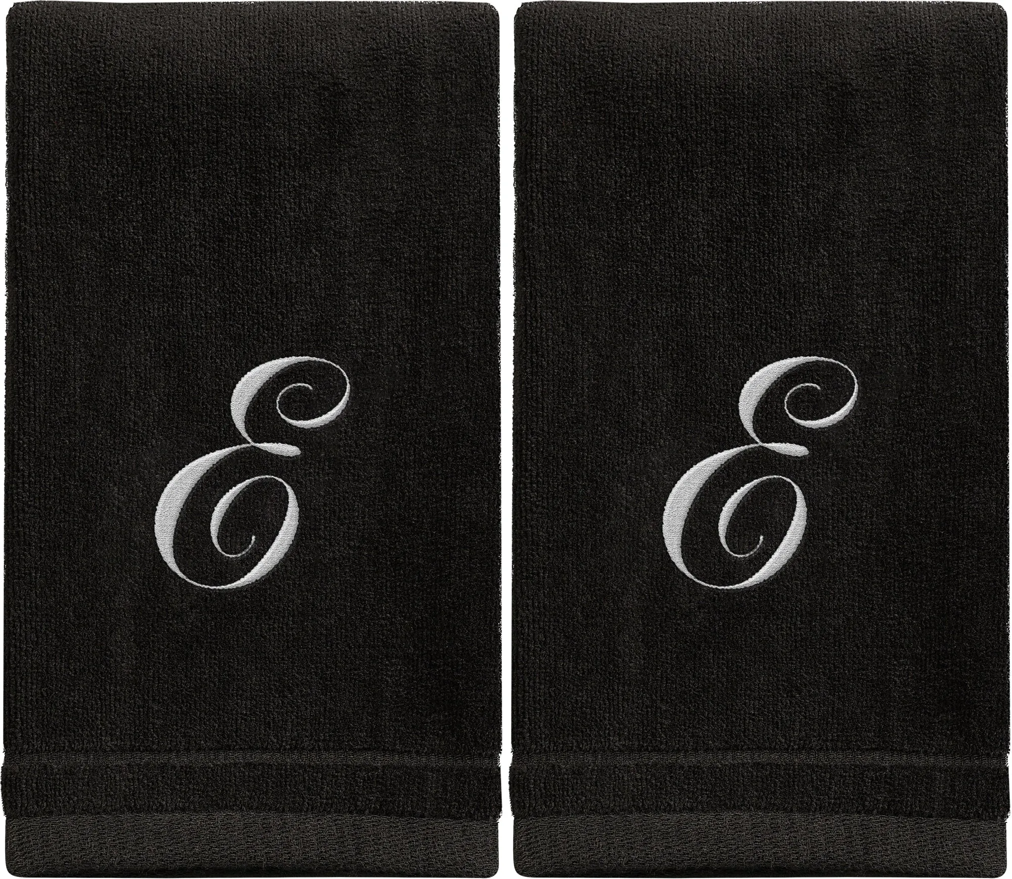 Set of 2 Black Monogrammed Towel - White Embroidered - Initial E (Wholesale)