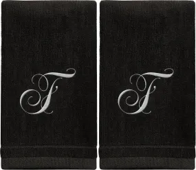 Set of 2 Black Monogrammed Towel - White Embroidered - Initial F (Wholesale)