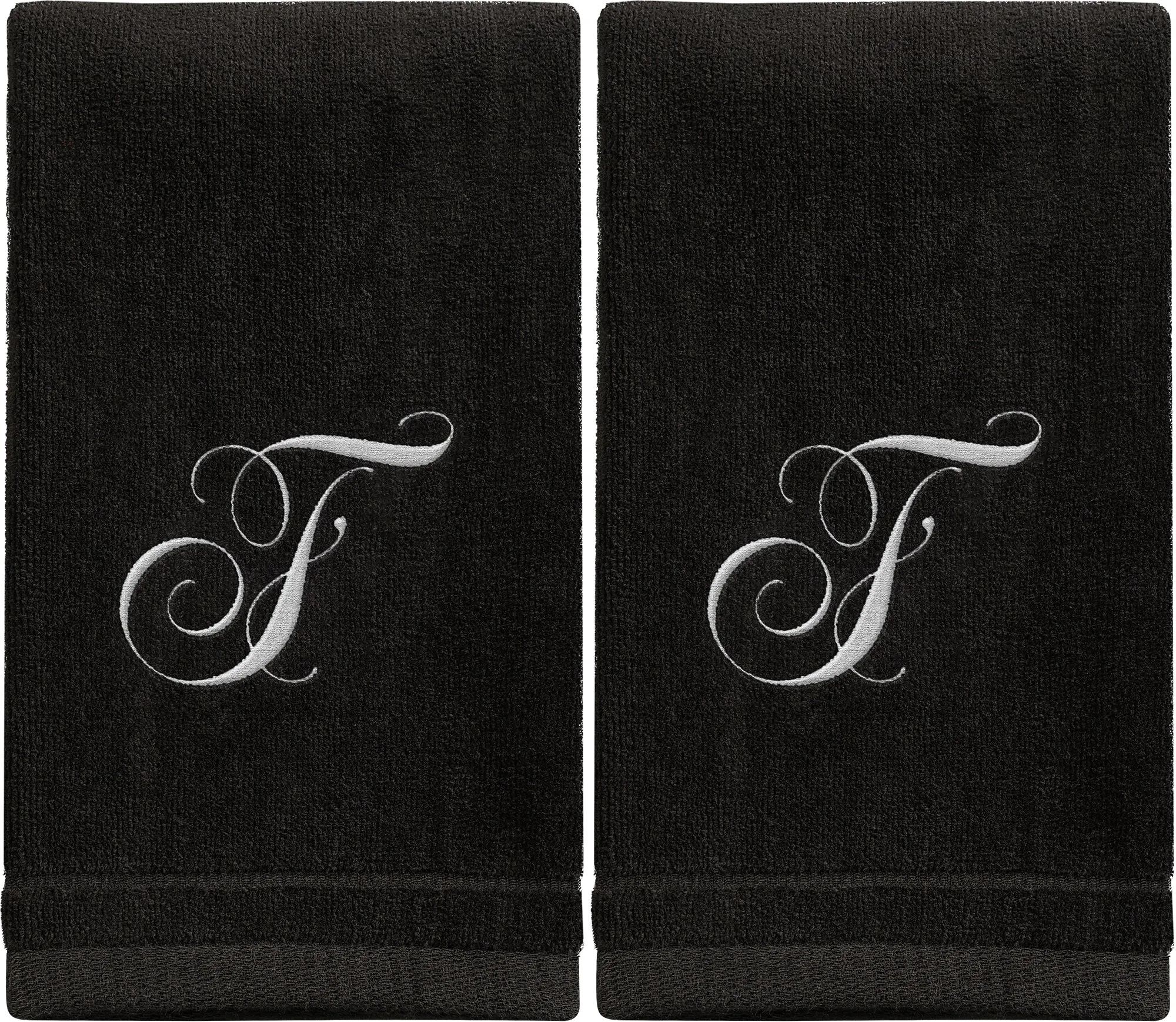 Set of 2 Black Monogrammed Towel - White Embroidered - Initial F (Wholesale)