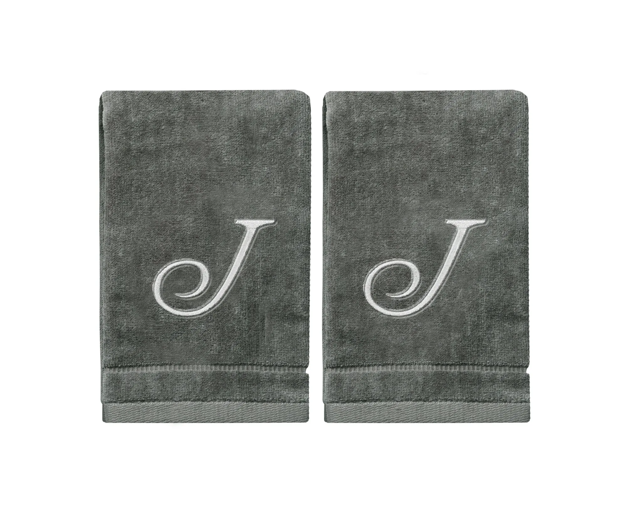 Set of 2 Silver Embroidered Monogrammed Towels - Initial J