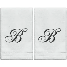 Set of 2 White Monogrammed Towel - Black Embroidered - Initial B (Wholesale)