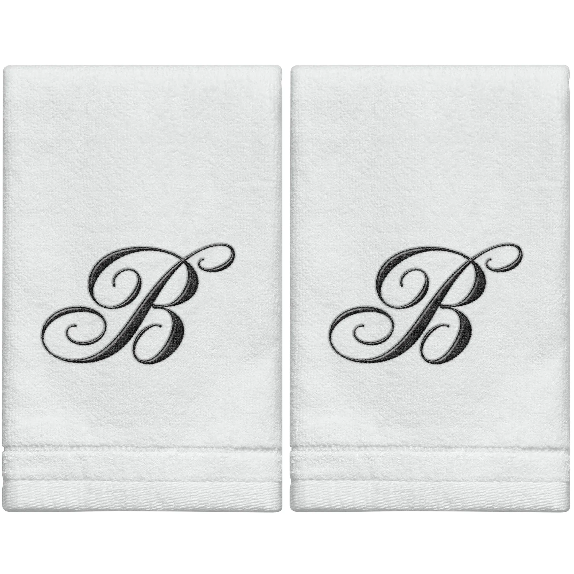 Set of 2 White Monogrammed Towel - Black Embroidered - Initial B (Wholesale)